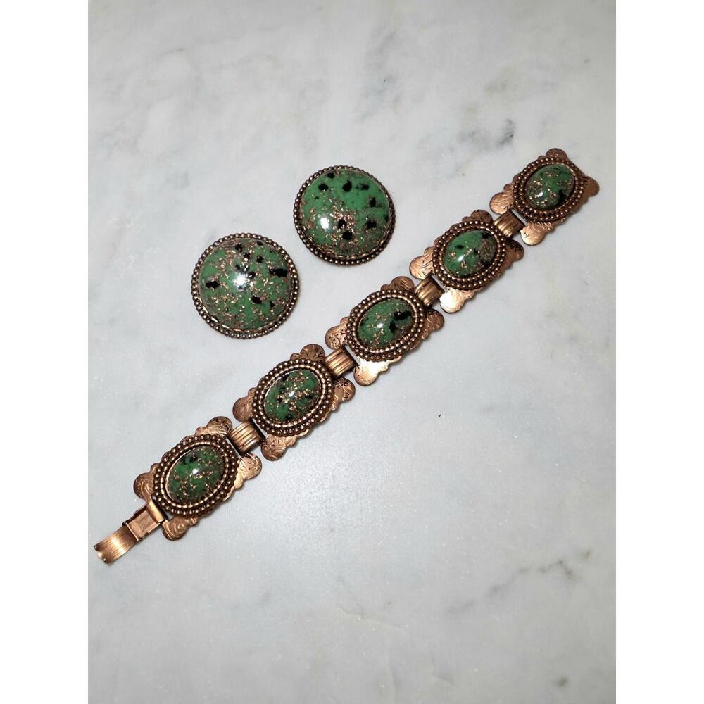 Copper and Green Confetti Lucite Bracelet and Earrings Set
